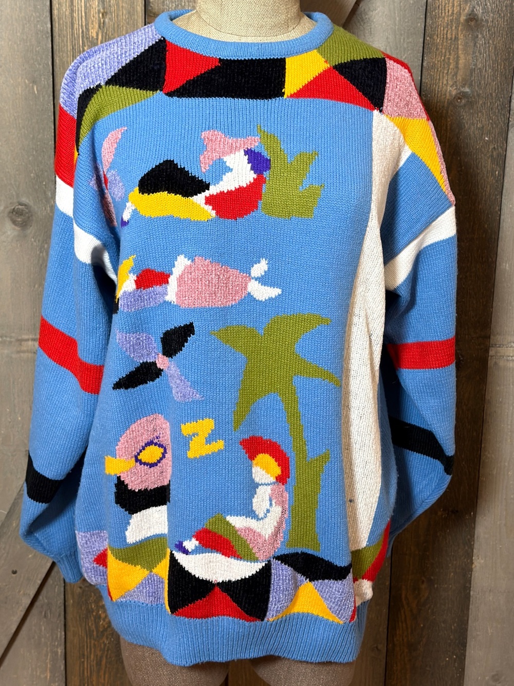 Vintage 80s 90s Abstract Intarsia Sweater Oversized Wearable Art Unisex Novelty